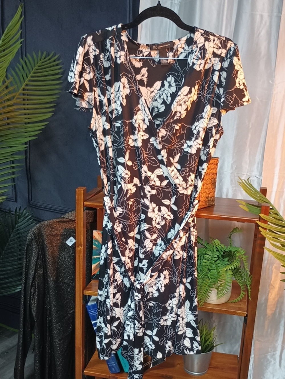 INC International Concepts Black and White Floral Wrap Midi Dress